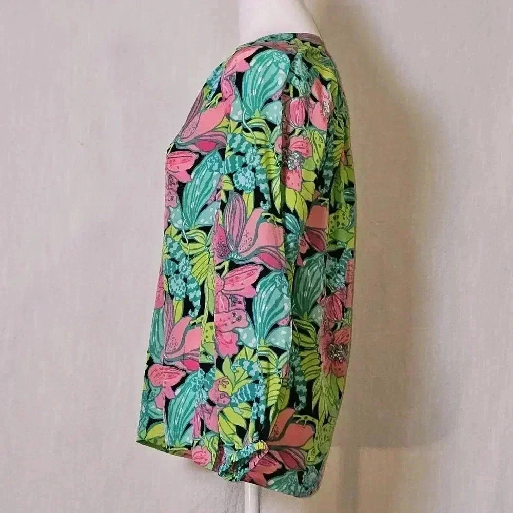 Lily Pulitzer 100% Silk Elsa Skip On It The  Frog-Floral Print Blouse SZ XS